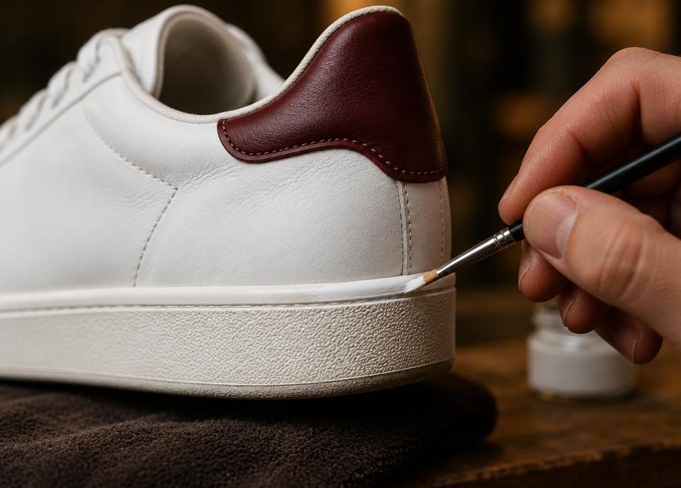 Artisan whitening a sneaker sole edge with a brush