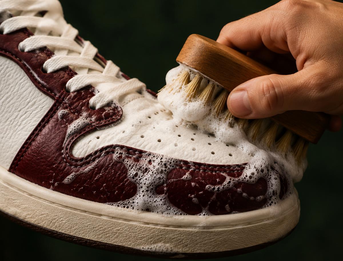 Hand scrubbing a sneaker with a wooden brush and foam