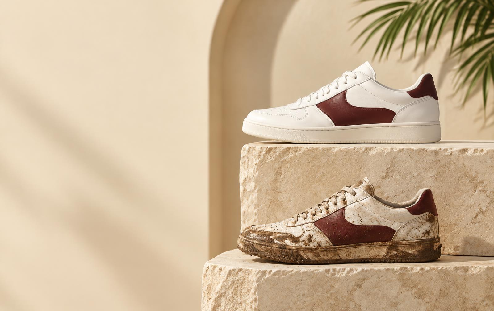 Restored white and burgundy sneaker above a muddy one on stone blocks