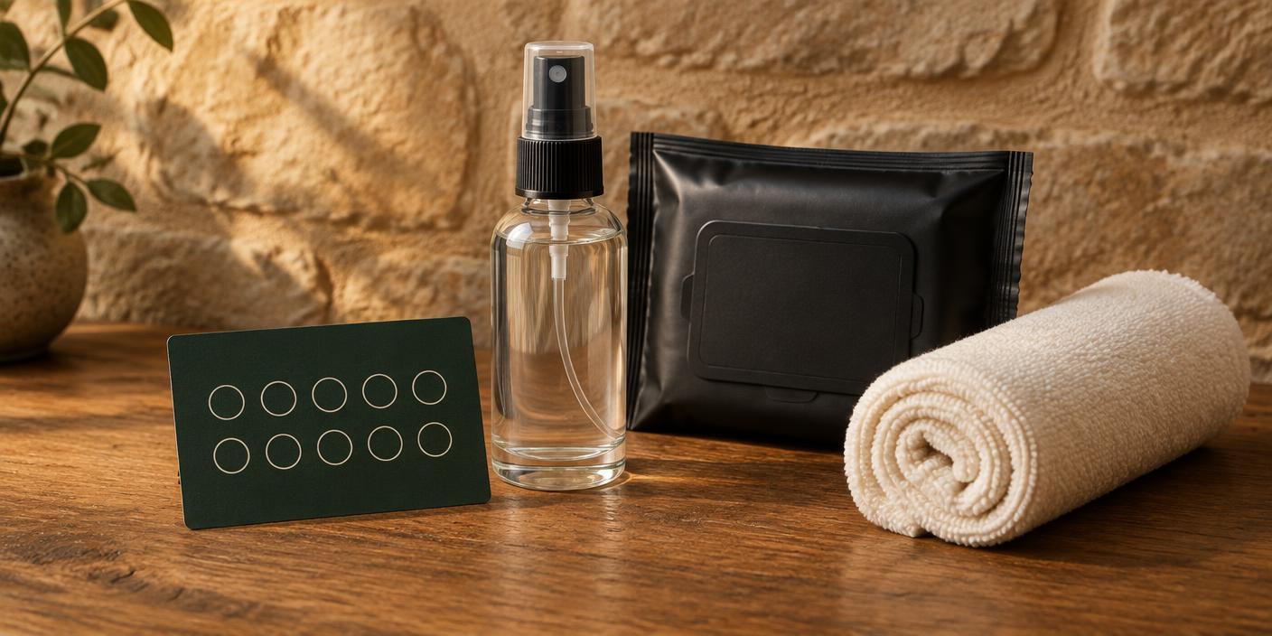 Loyalty card, aftercare spray and shoe wipes